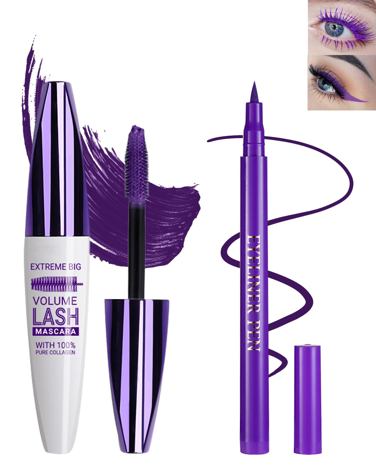 Lestpola Purple Waterproof Mascara & Eyeliner Set - 5D Silk Fiber, Voluminous, Long-Lasting