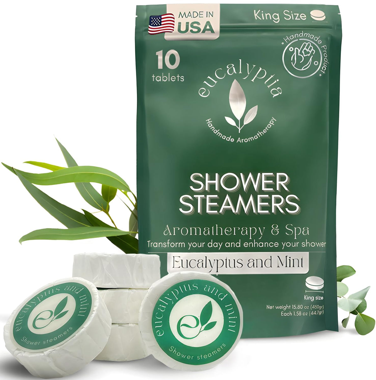 Eucalyptia Mint Eucalyptus Shower Steamers - 10 Pack Aromatherapy Tablets For Relaxation