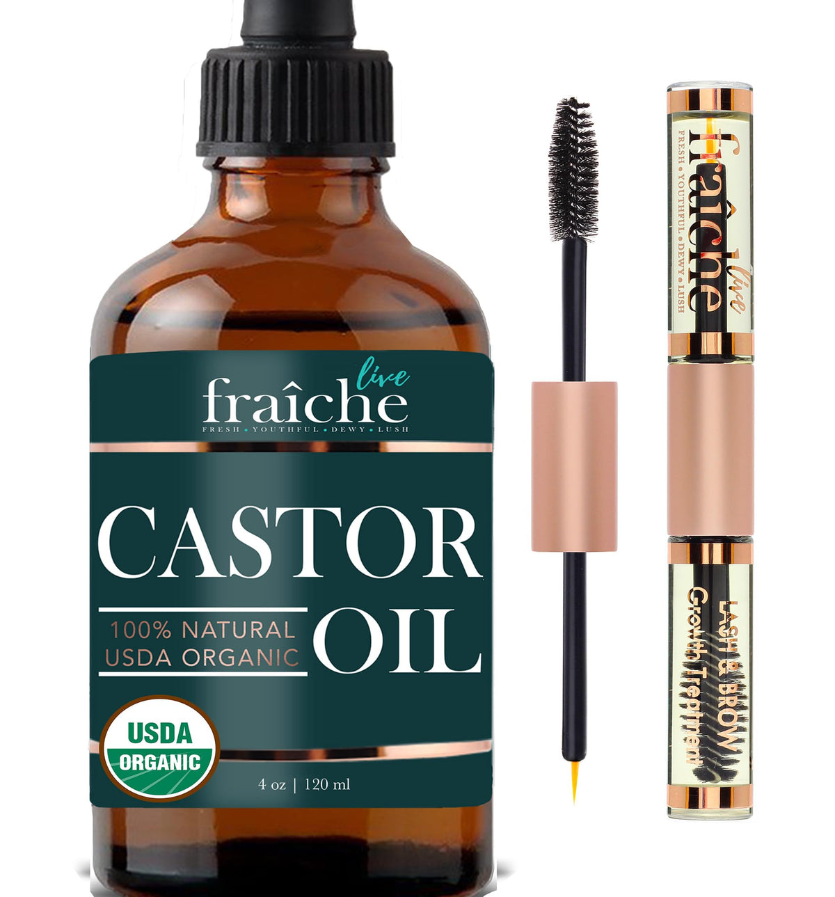 Live Fraiche Organic Castor Oil 4oz - 100% Pure Lash & Hair Growth Serum, Rose Gold Tube