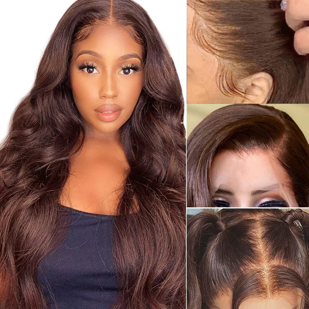 Azkiu 26 Inch Brown Body Wave Lace Front Wig - Hd Human Hair, Pre Plucked, 150 Density