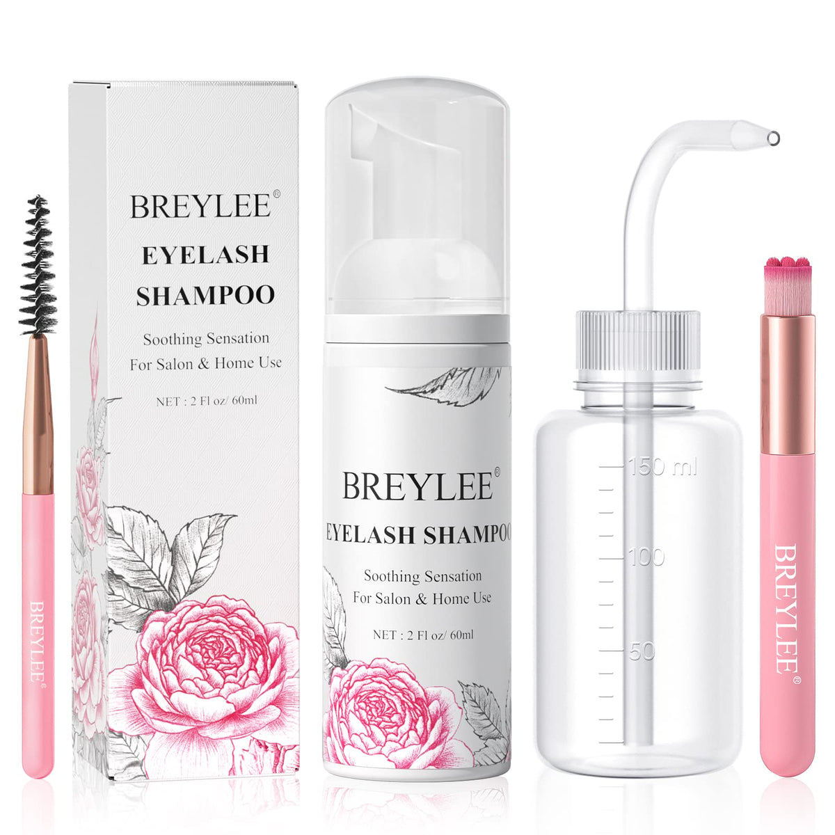 Breylee Lash Extension Shampoo Set, 60Ml Cleanser With Rinse Bottle & Brushes, Sulfate Free