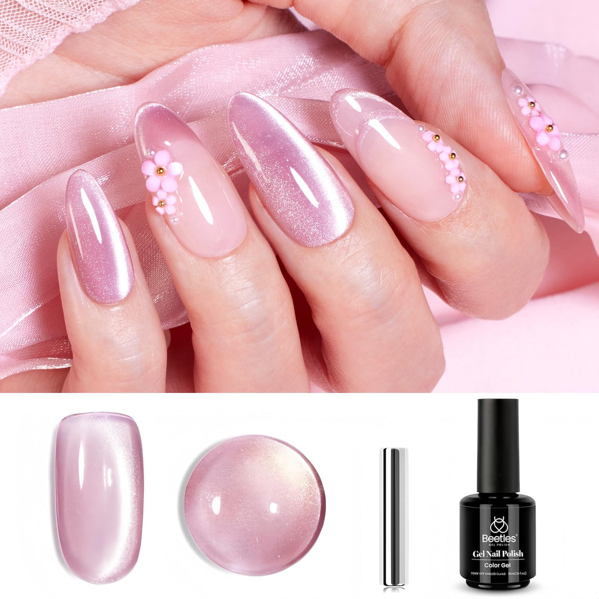 Beetles Pink Cat Eye Gel Nail Polish 15Ml - Holographic Glitter Magnetic Nail Art At Home