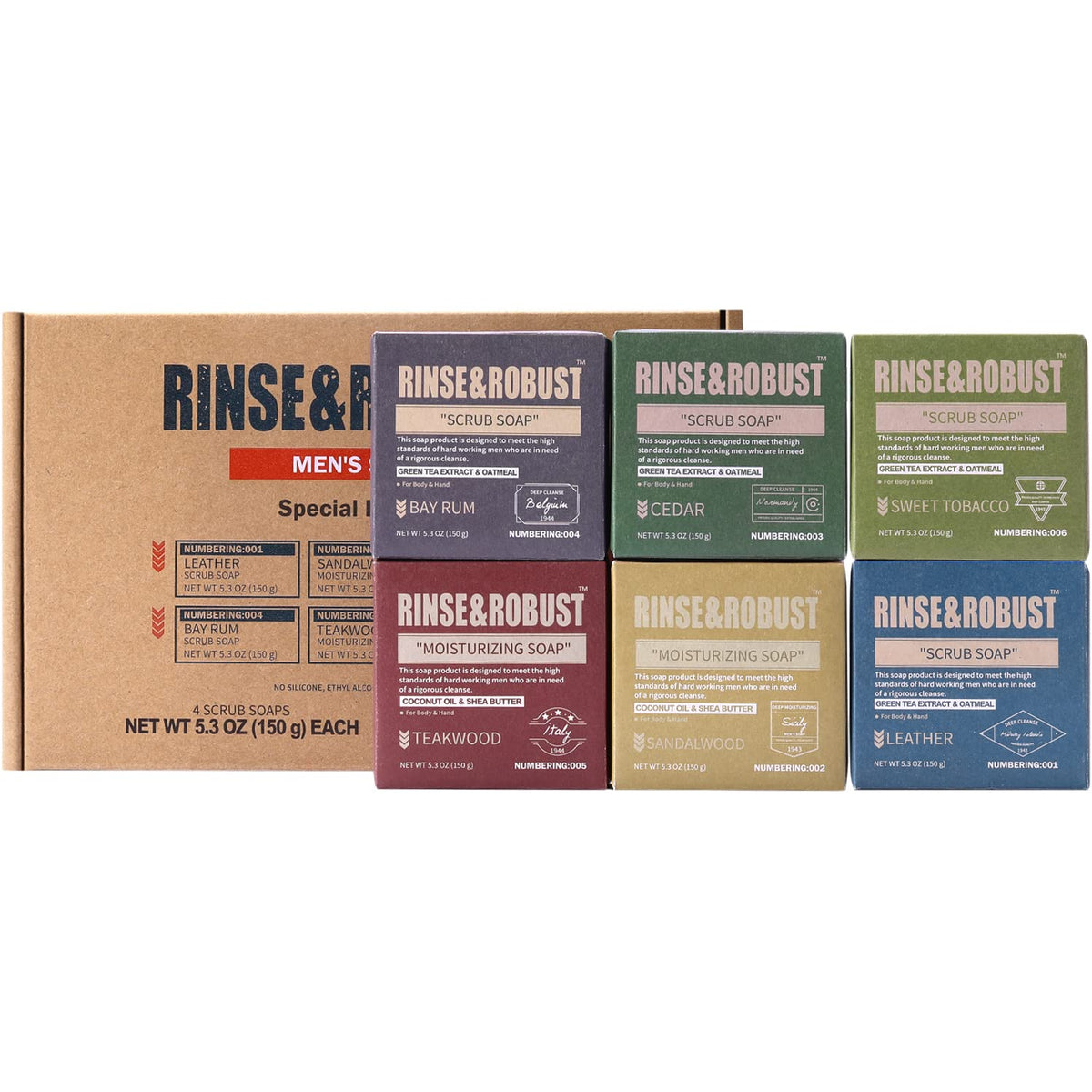 Rinse & Robust Men'S Natural Bar Soap Set - 5.3 Oz (6-Pack) Moisturizing & Exfoliating Gift