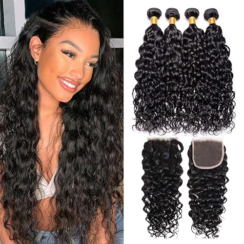 FASHION VILA Brazilian Virgin Water Wave Hair Bundles with Closure - 100% Human Hair