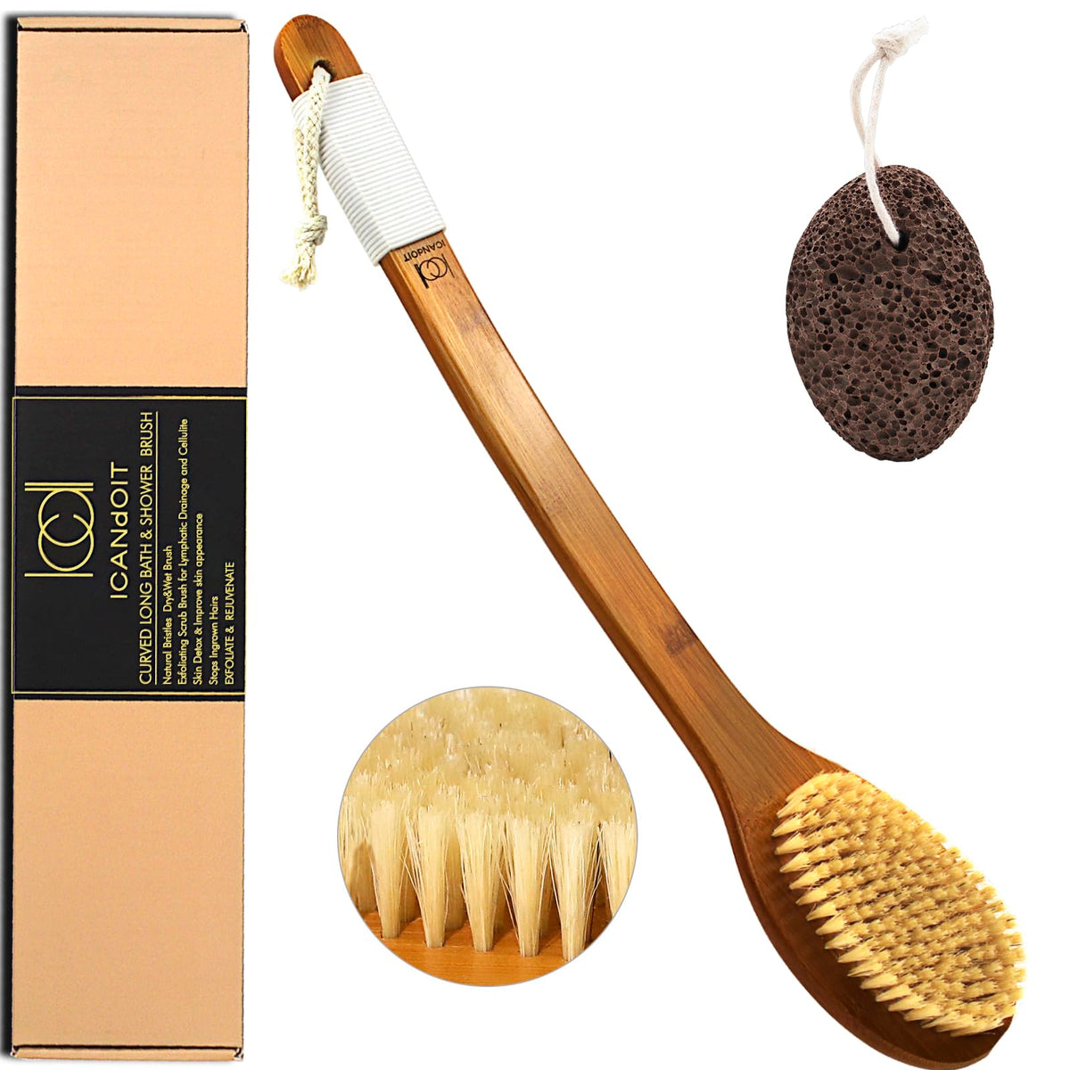 Icdi Icandoit 17.71&quot; Natural Boar Bristle Bath Brush With Bent Handle & Pumice Stone