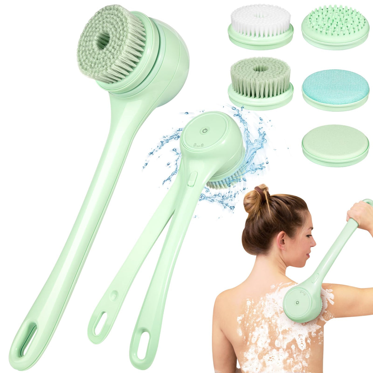 Keweis Electric Body Brush Back Scrubber - Rechargeable, Waterproof, 5 Brush Heads, Green