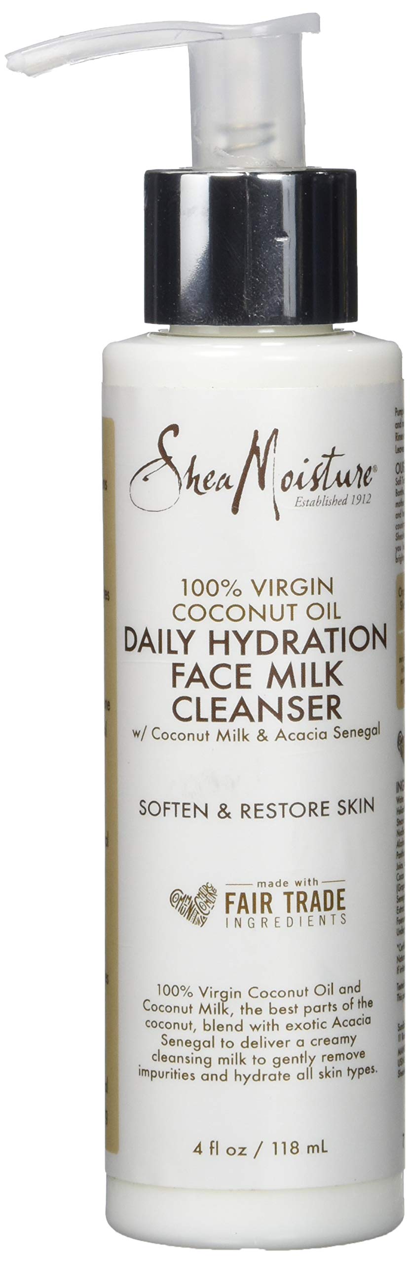 Sheamoisture 100% Virgin Coconut Oil Daily Hydration Face Milk Cleanser, 4 Ounce