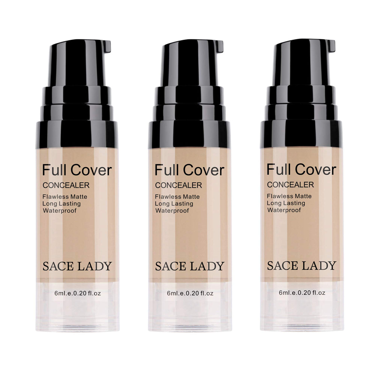 Sace Lady 3 Pack Pro Liquid Concealer - Waterproof, Matte Finish, Light Natural, 0.2 Fl Oz