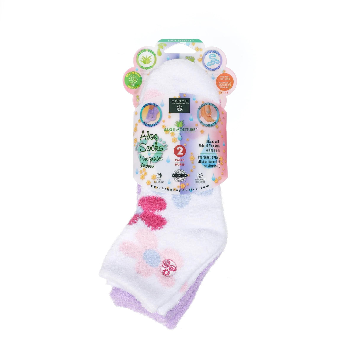 Earth Therapeutics Aloe Socks - Lavender/Flower Double Pack (2 Pairs) - Size 7