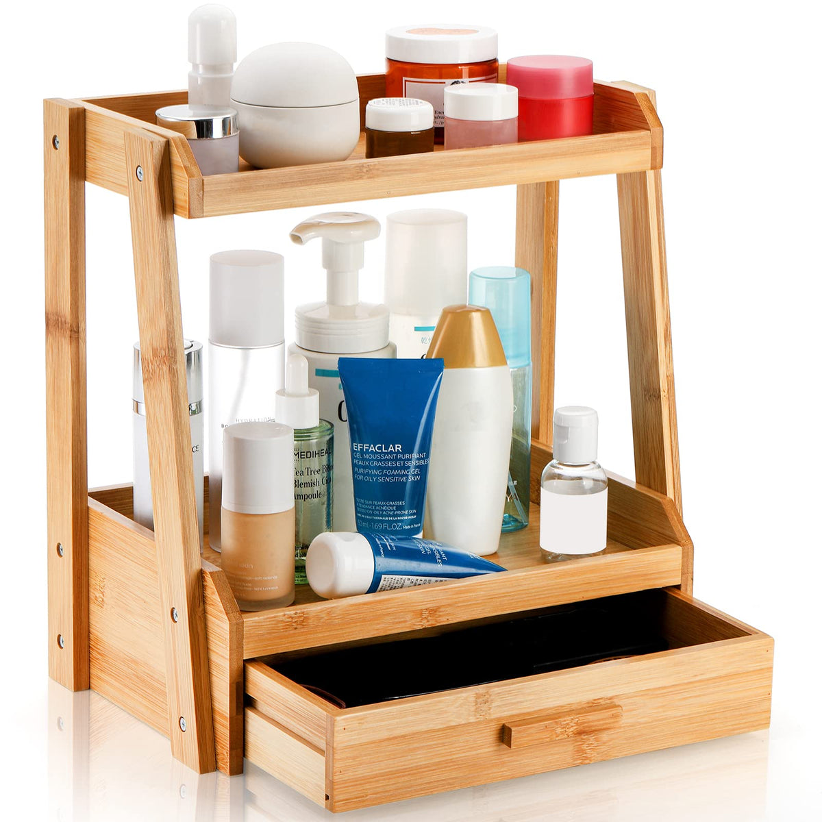 Lyellfe 2 Tier Bamboo Makeup Organizer With Drawer - Multi-Purpose Cosmetic Display Stand