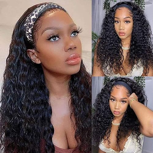 FASHION PLUS 26&quot; Water Wave Headband Wig - Human Hair, Curly, Glueless, 150% Density for Black Women