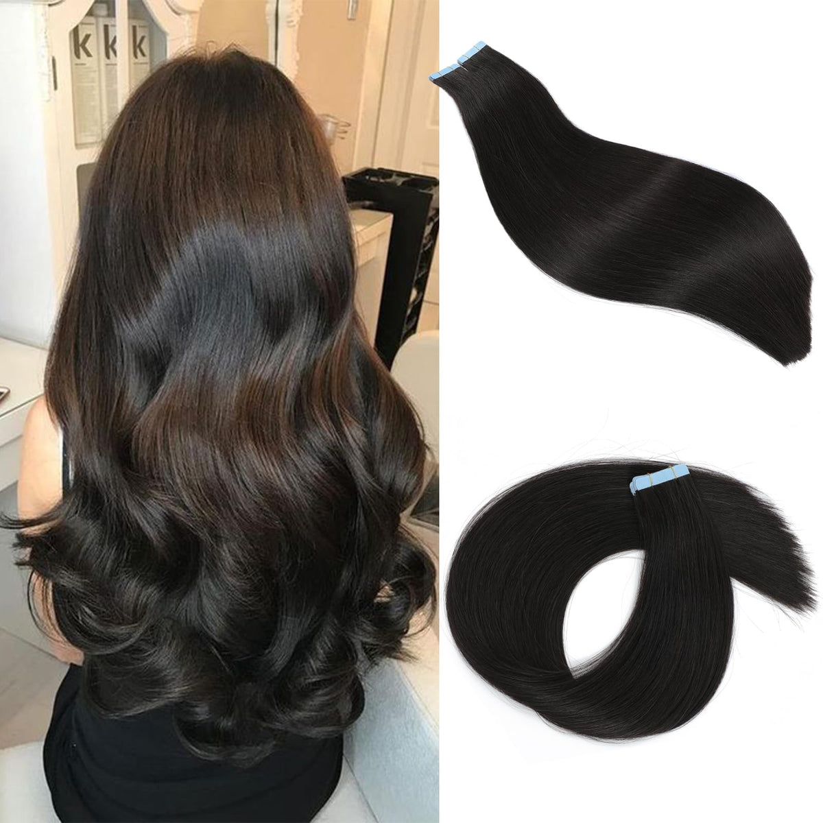 Icyfim 100% Remy Hair Tape In Extensions 18&quot; Seamless Invisible Skin Weft 1B Natural Black