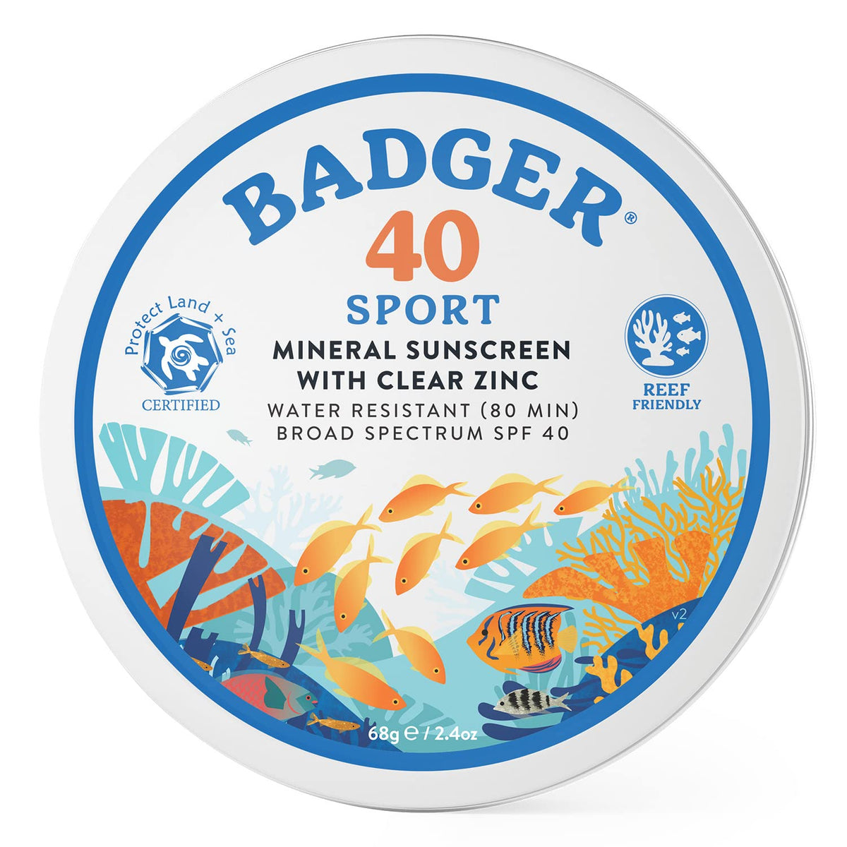 Badger Spf 40 Coral Reef Safe Sunscreen Tin, Water Resistant, Unscented, 2.4 Oz