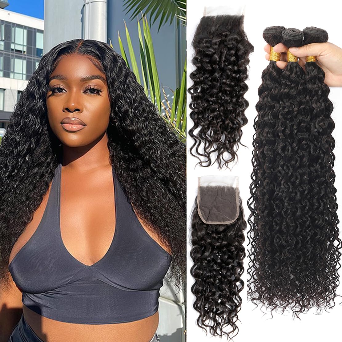 Vallbest Brazilian Human Hair Water Wave Bundles & Closure - 16-22 Inch, Pre-Plucked, Remy