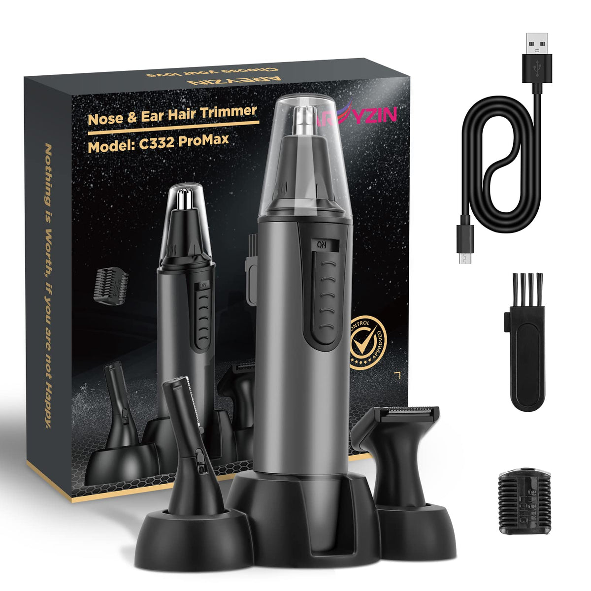 Areyzin Rechargeable Nose Hair Trimmer - Painless Dual Edge Blades, Waterproof, 7-Piece Set