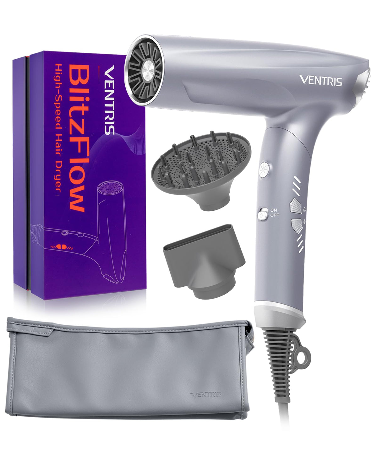 Ventris Blitzflow Ionic Hair Dryer – Lightweight, Foldable, High Speed With Magnetic Diffuser, Gray