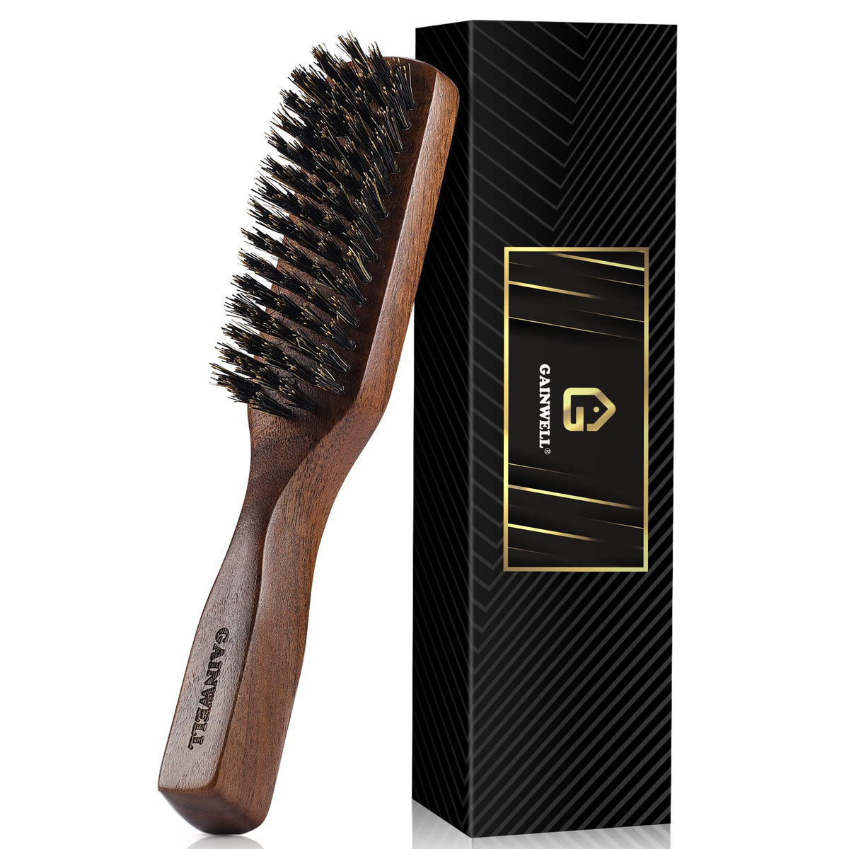 Mens Gainwell Wild Boar Bristle Hair Brush - Stiff Bristles, Black Walnut Handle, Gift For Men