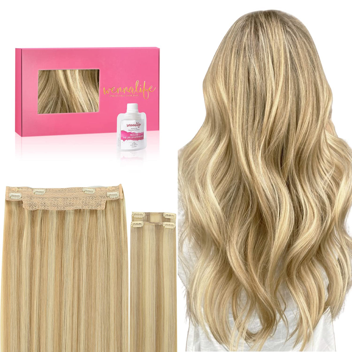 WENNALIFE 20&quot; Wire Hair Extensions, 140g Real Human Hair, Light Blonde Highlighted Golden Blonde