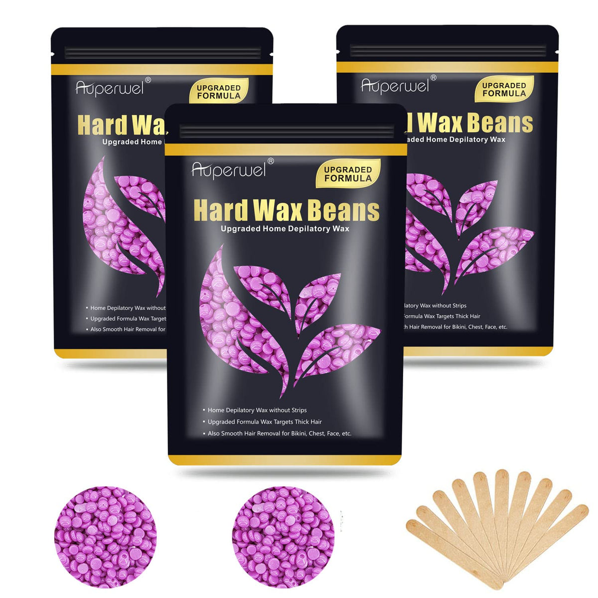 Auperwel Wax Beads for Hair Removal, 10.5oz Painless Hard Wax Beans, 3 Violet, 3 Packs