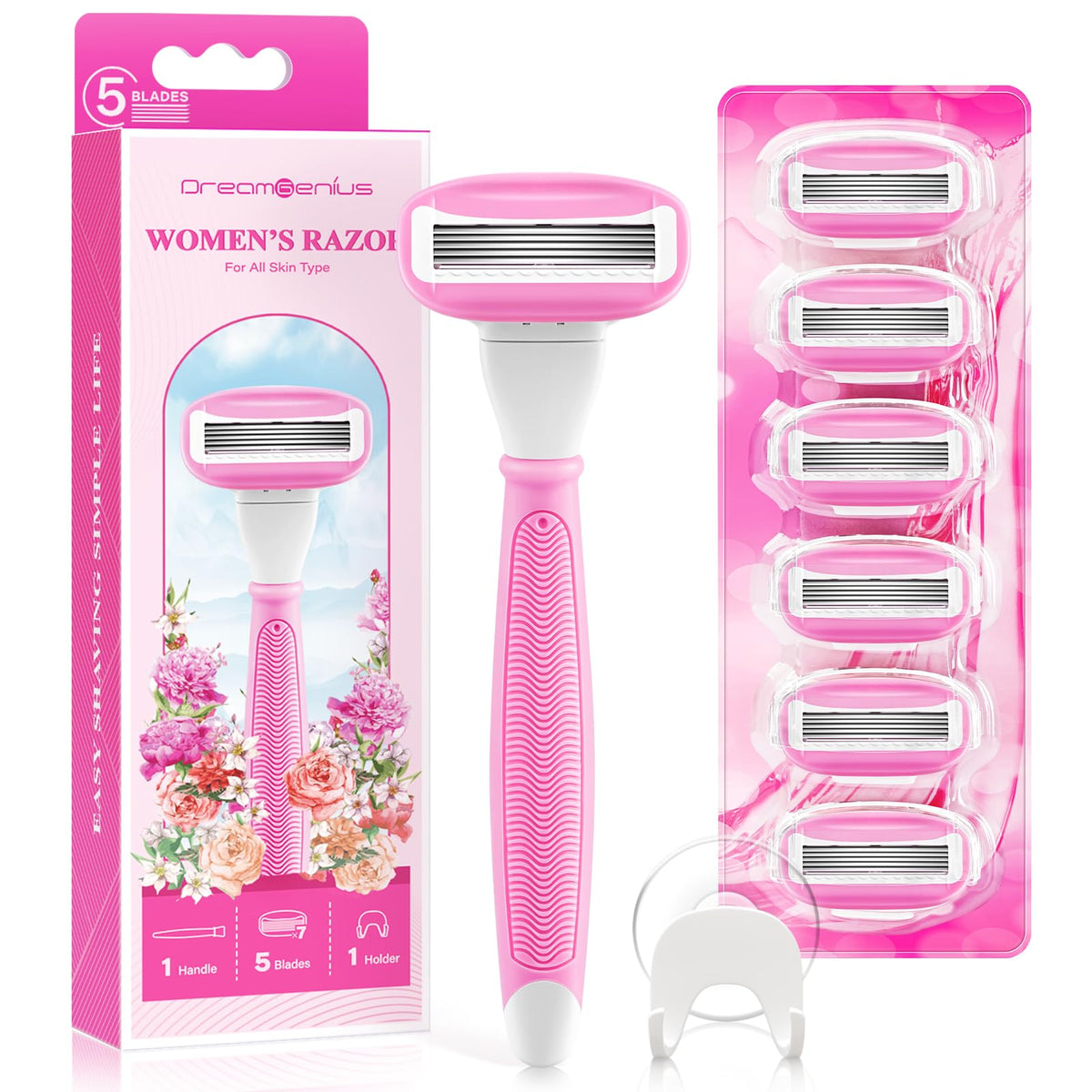 Dreamgenius Pink Women'S Razors - 1 Handle, 7 Blade Refills, 360° Lubrication, Non-Slip