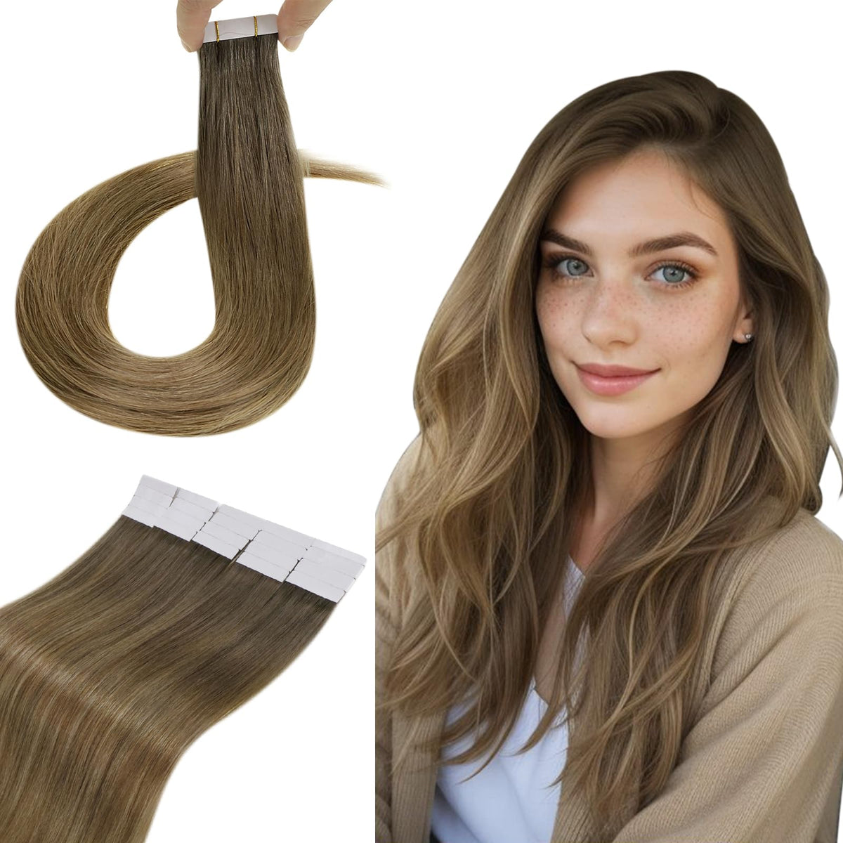 Hetto Tape In Hair Extensions 22&quot; Brown Ombre Light Brown Dark Blonde Remy Human Hair 50G