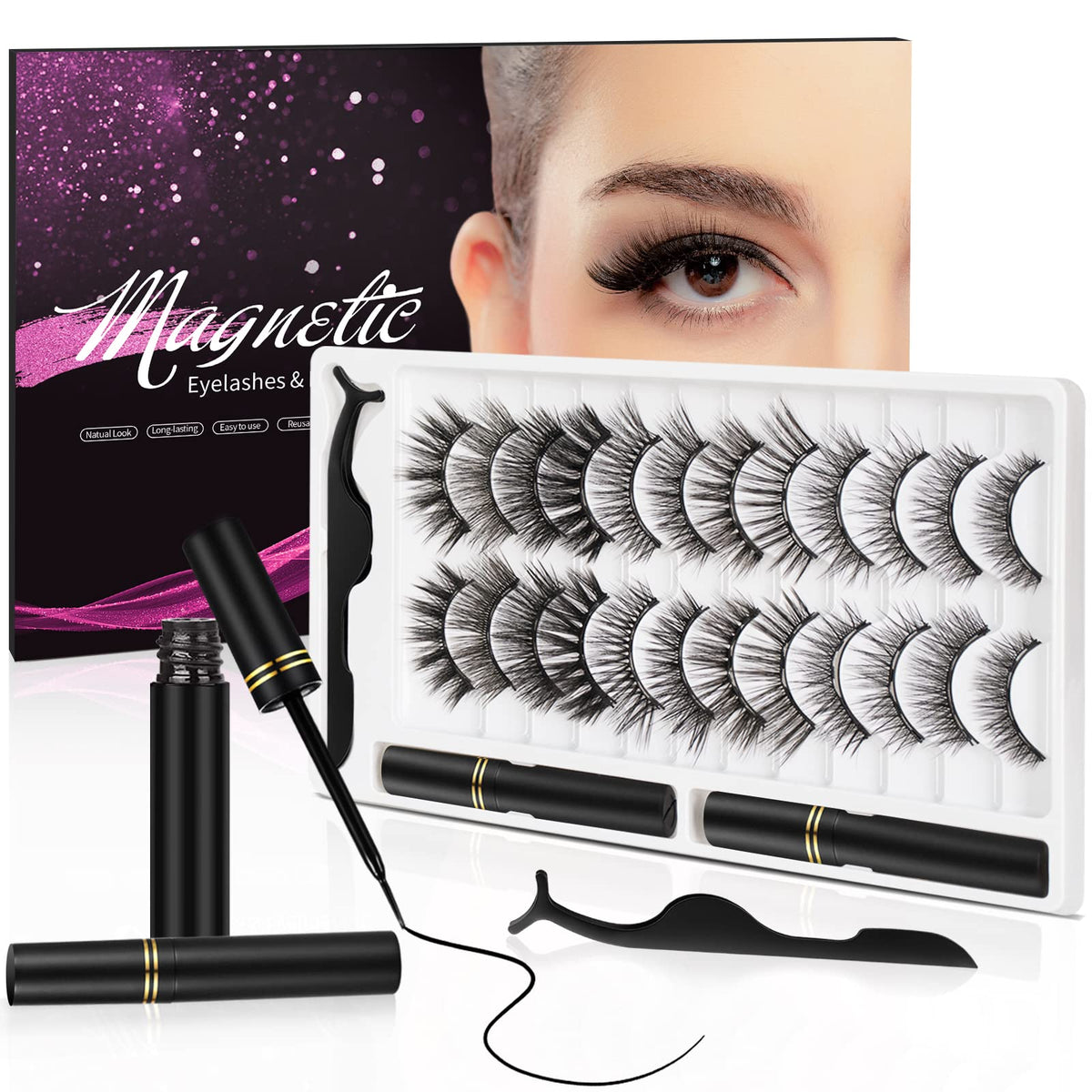 Yinepy 3D Magnetic Eyelashes With Eyeliner Kit - 12 Pairs Reusable Natural Look, No Glue Needed