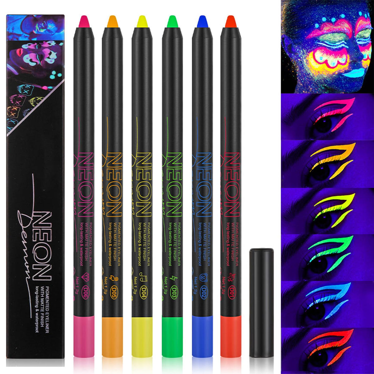 Hosaily Neon Uv Glow Eyeliner Set - 7 Colored Gel Pens For Halloween & Christmas Makeup