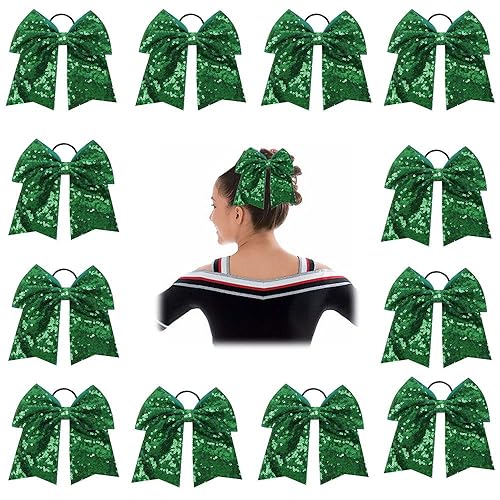 OAOLEER 12PCS Green Glitter Cheer Hair Bows for Teen Girls - Elastic Ponytail Holders