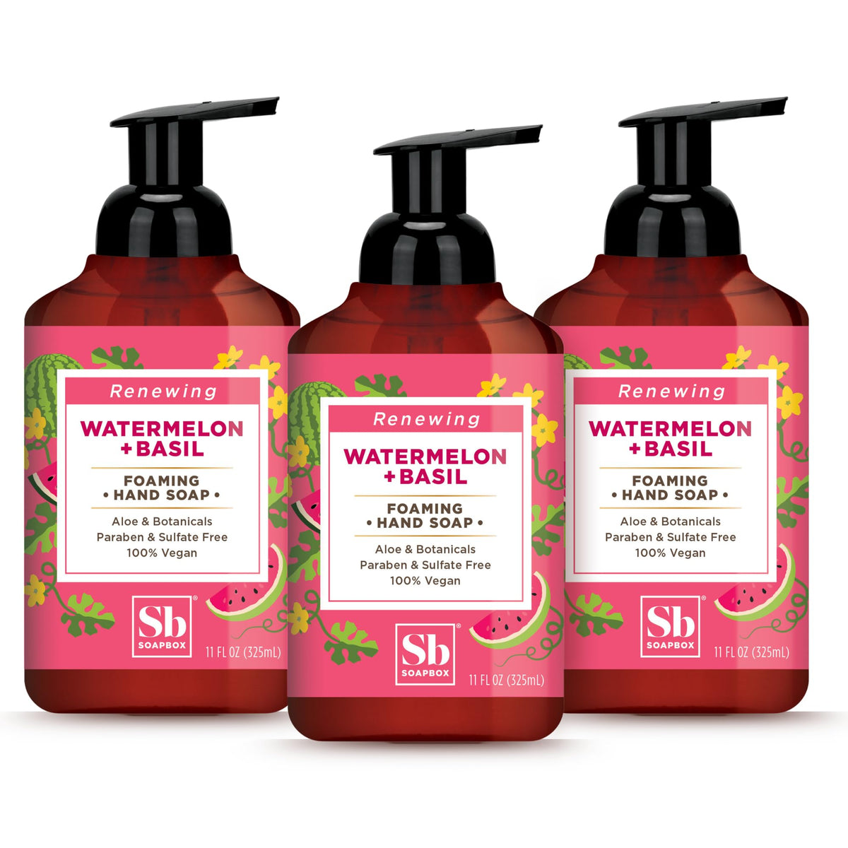 Soapbox Foaming Hand Soap, Watermelon & Basil, 11Oz Pump, 3-Pack, Vegan & Moisturizing