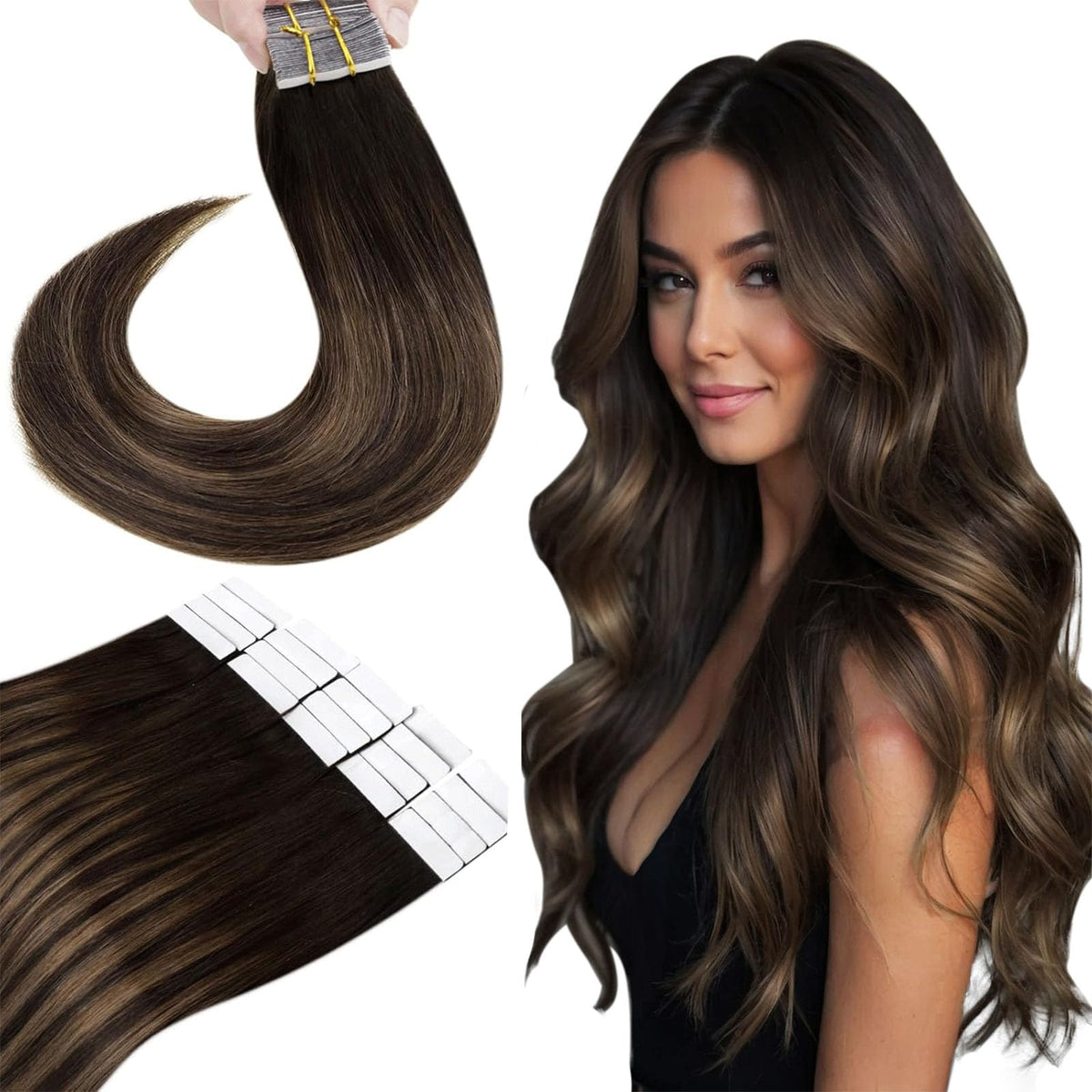 Hetto Tape In Hair Extensions - 22&quot; Human Hair Balayage Ombre, 50G, Invisible Tape, #2/