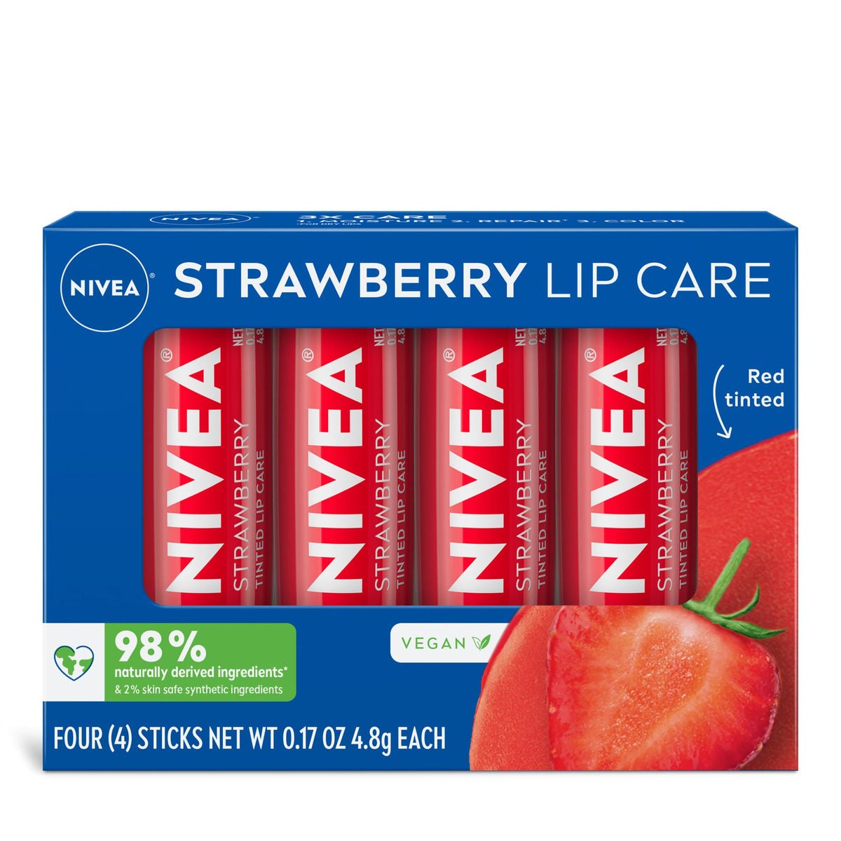 Nivea Strawberry Lip Care Tinted Balm, Moisturizing & Repairing, 0.17 Oz, Pack Of 4