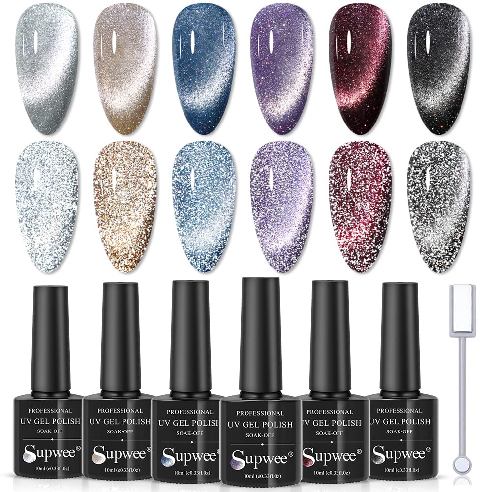 Supwee Reflective Glitter Cat Eye Gel Polish - 6 Colors Magnetic Soak Off Uv Nail Gel