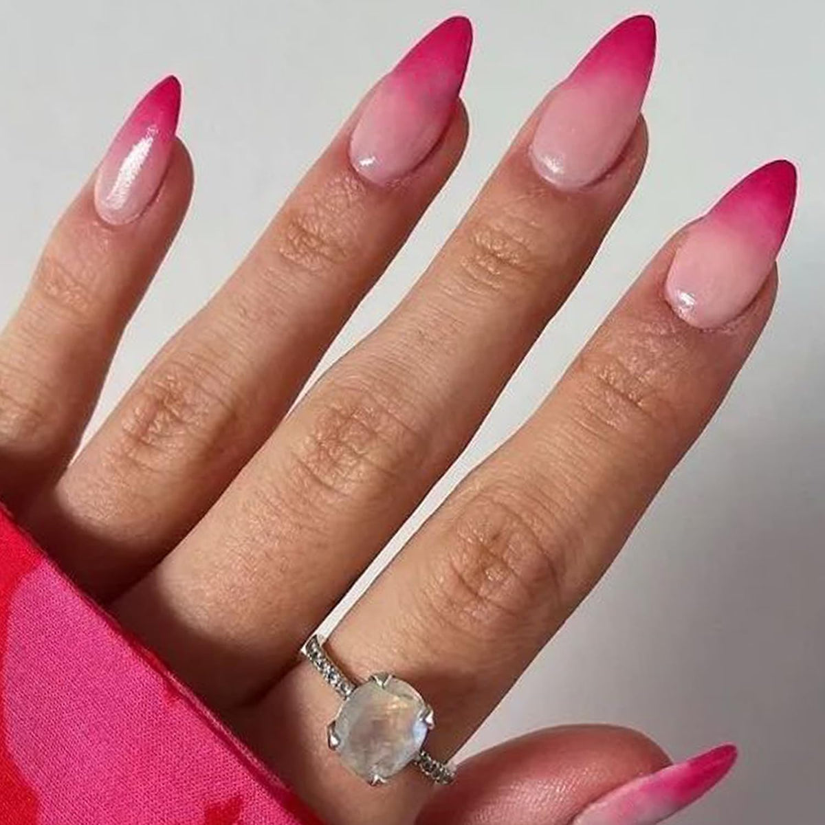 GLAMERMAID Hot Pink Ombre French Tip Press on Nails - Medium Almond Oval Glitter Nail Kit