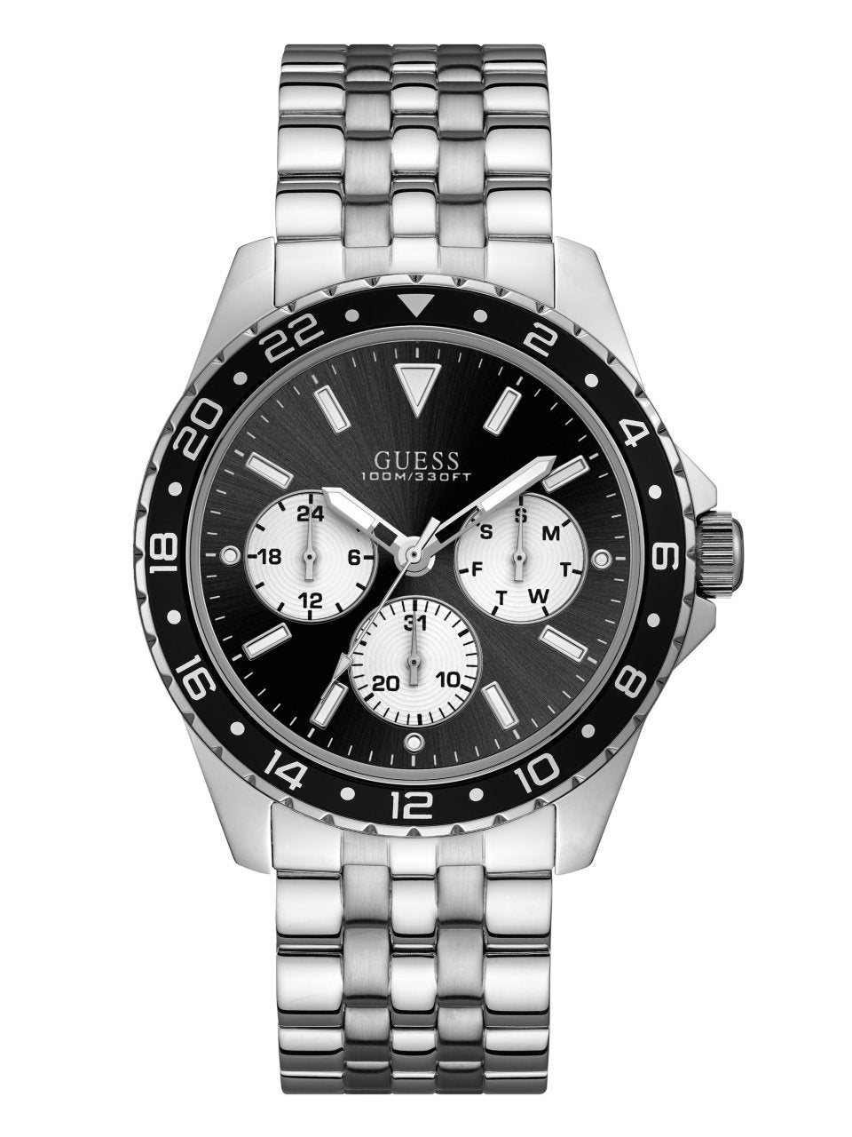 Guess Stainless Steel Black Bracelet Watch - Day/Date, 24-Hour Military Time, Silver-Tone