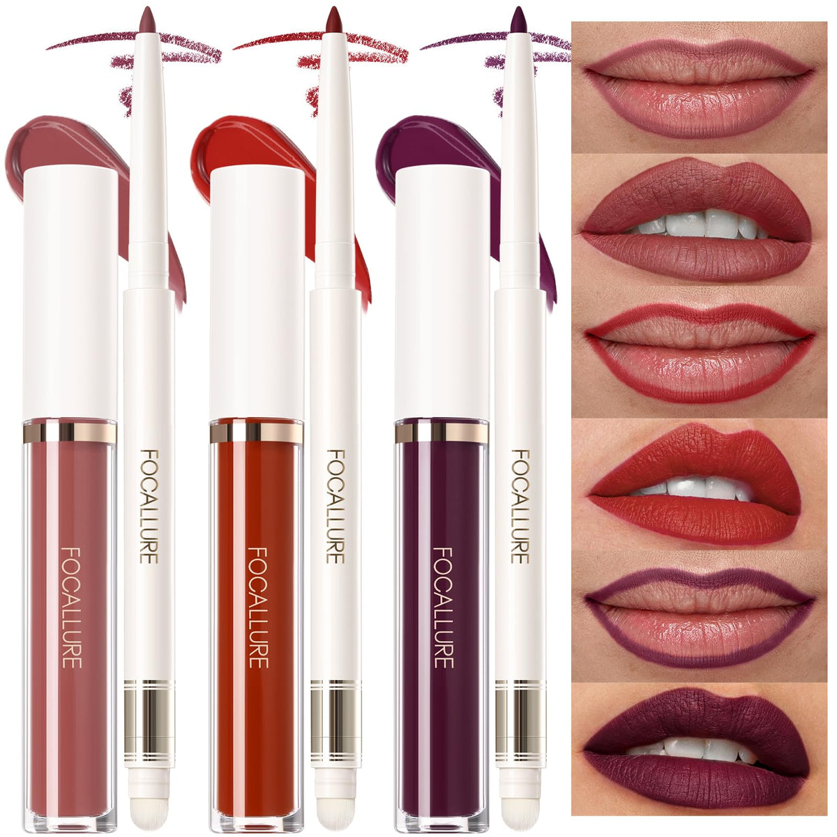 Focallure Kissproof Liquid Lipstick & Lip Liner Set, 6 Pcs, Matte & Gloss, Rd01