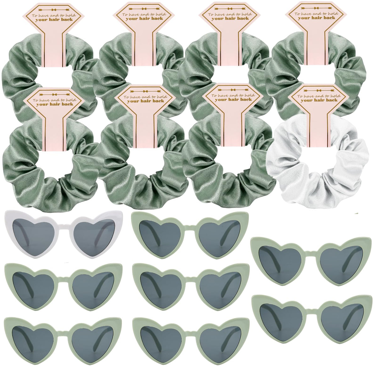 Loanzeg Satin Bridesmaid Scrunchies Set Of 8 - White & Sage Green Hair Ties For Wedding Favors