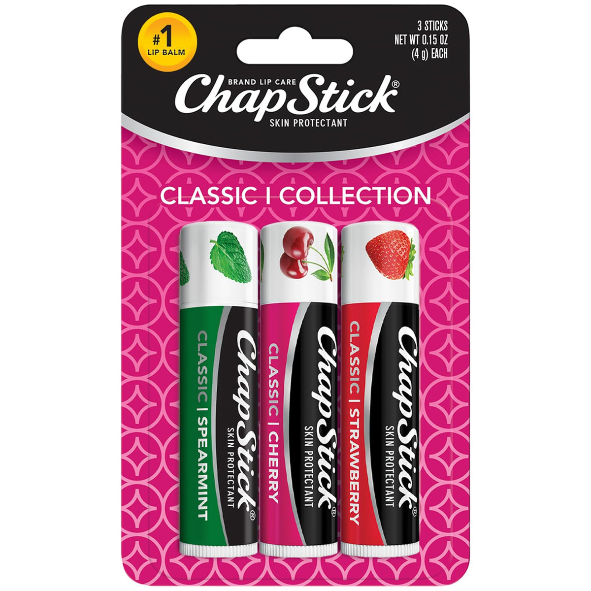 Chapstick Lip Care Set - Classic 3-Pack Spearmint, Cherry & Strawberry Balm, 0.15 Oz Each