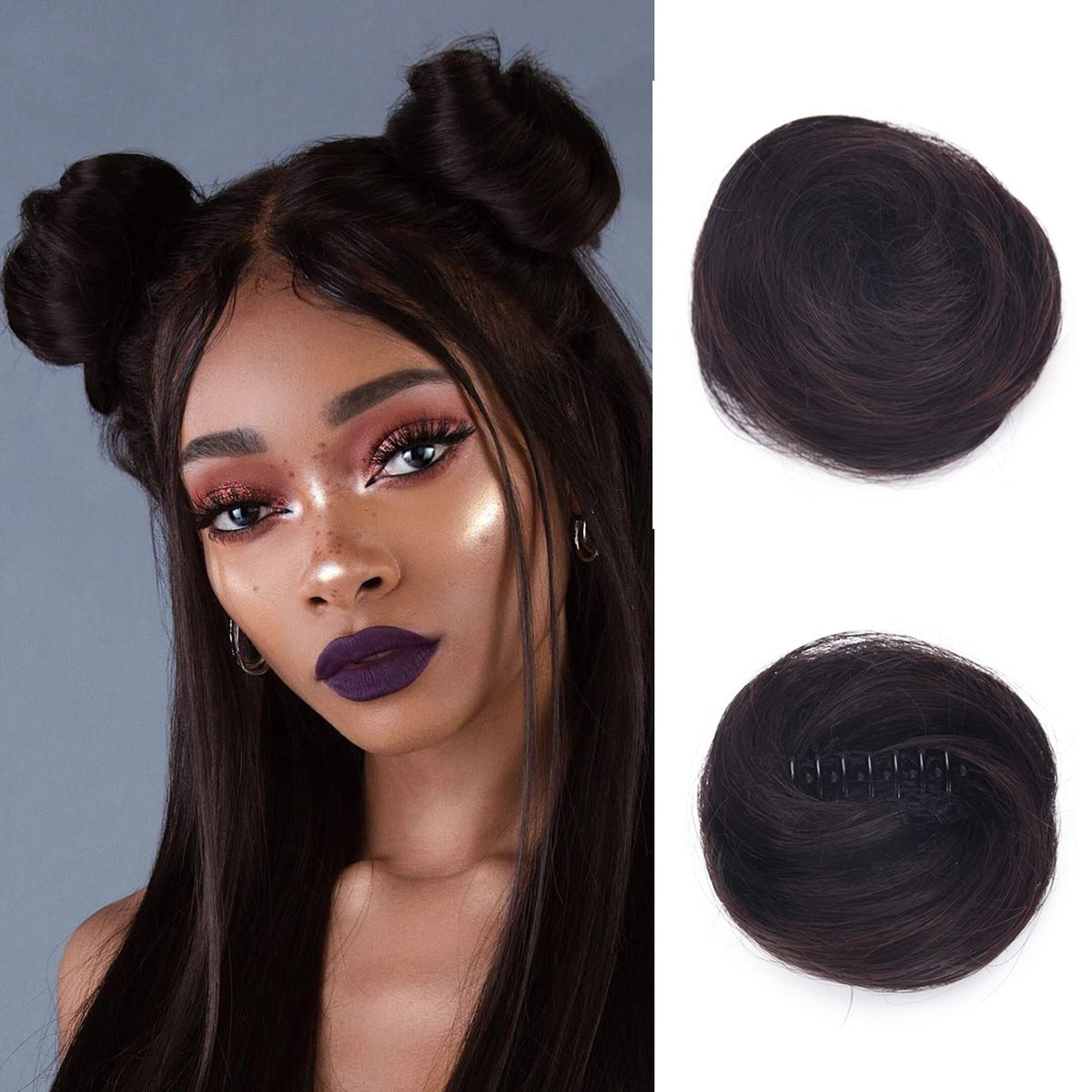 Reecho Space Bun Hair Pieces, 2 Pcs Claw Clip Extensions, Black Brown Messy Updo For Women