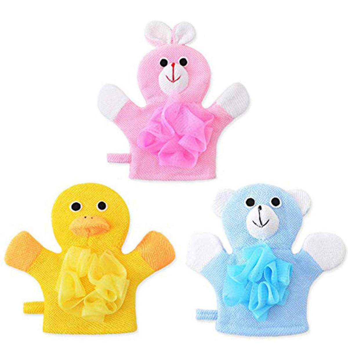 Donhouse Kids Bath Loofah Sponge Set, Non-Toxic Terry Cloth Puppets, 3 Animal Designs