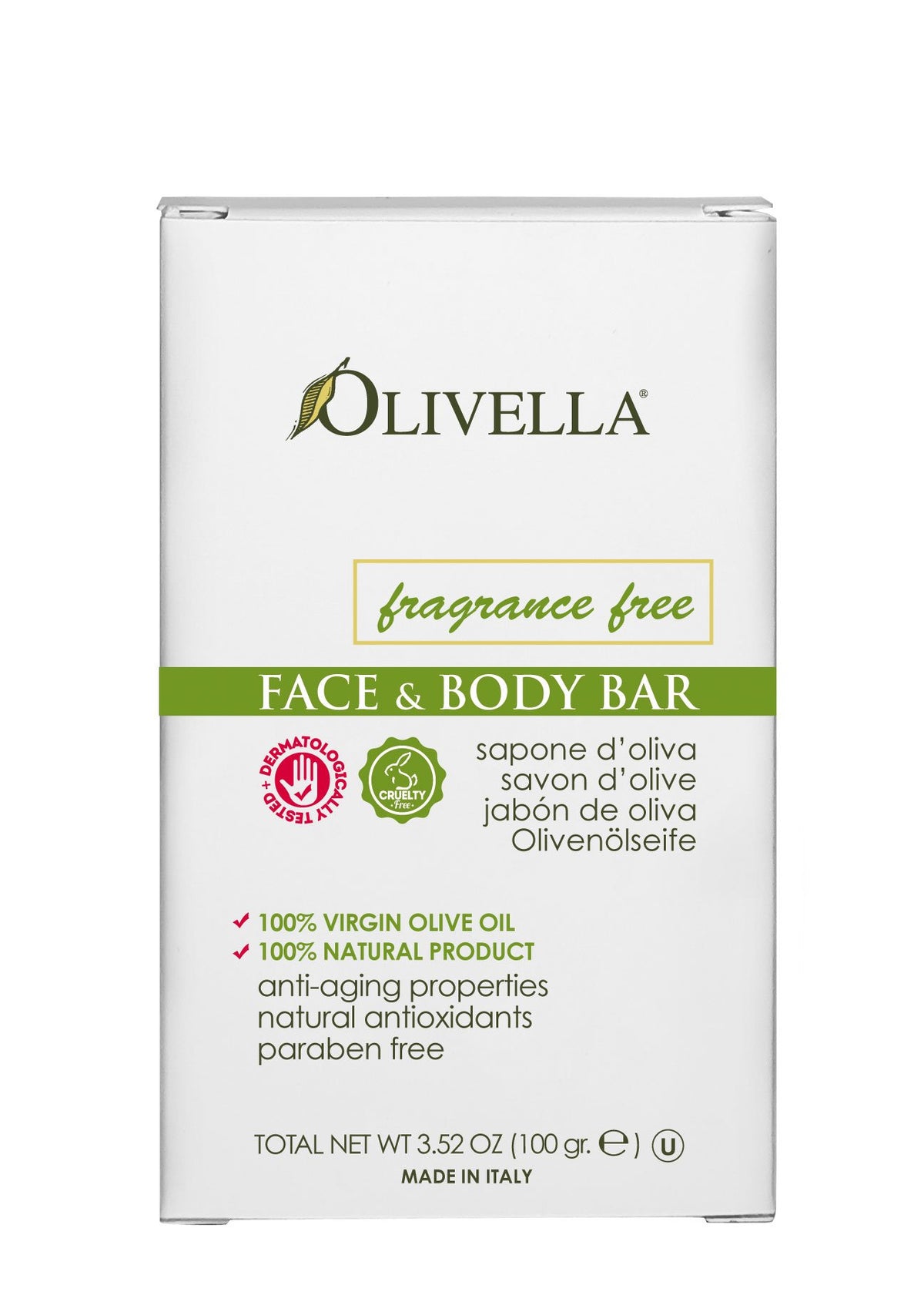 Olivella 100% Virgin Olive Oil Bar Soap, 3.5 Oz, Fragrance-Free, Gentle Cleansing