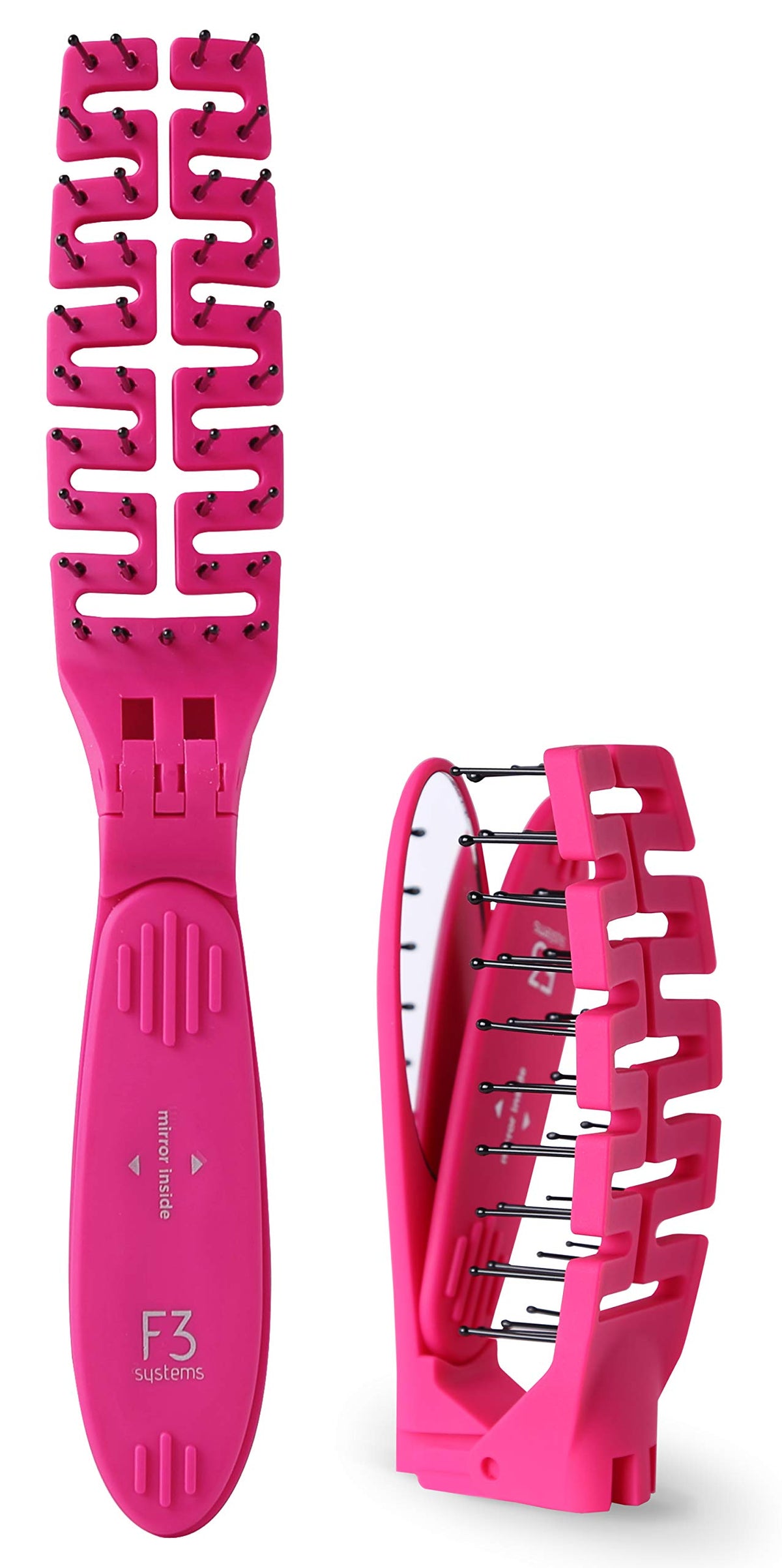 F3 Systems Compact Folding Hair Brush With Mirror - Detangling Comb For Wet & Dry Hair, Pink