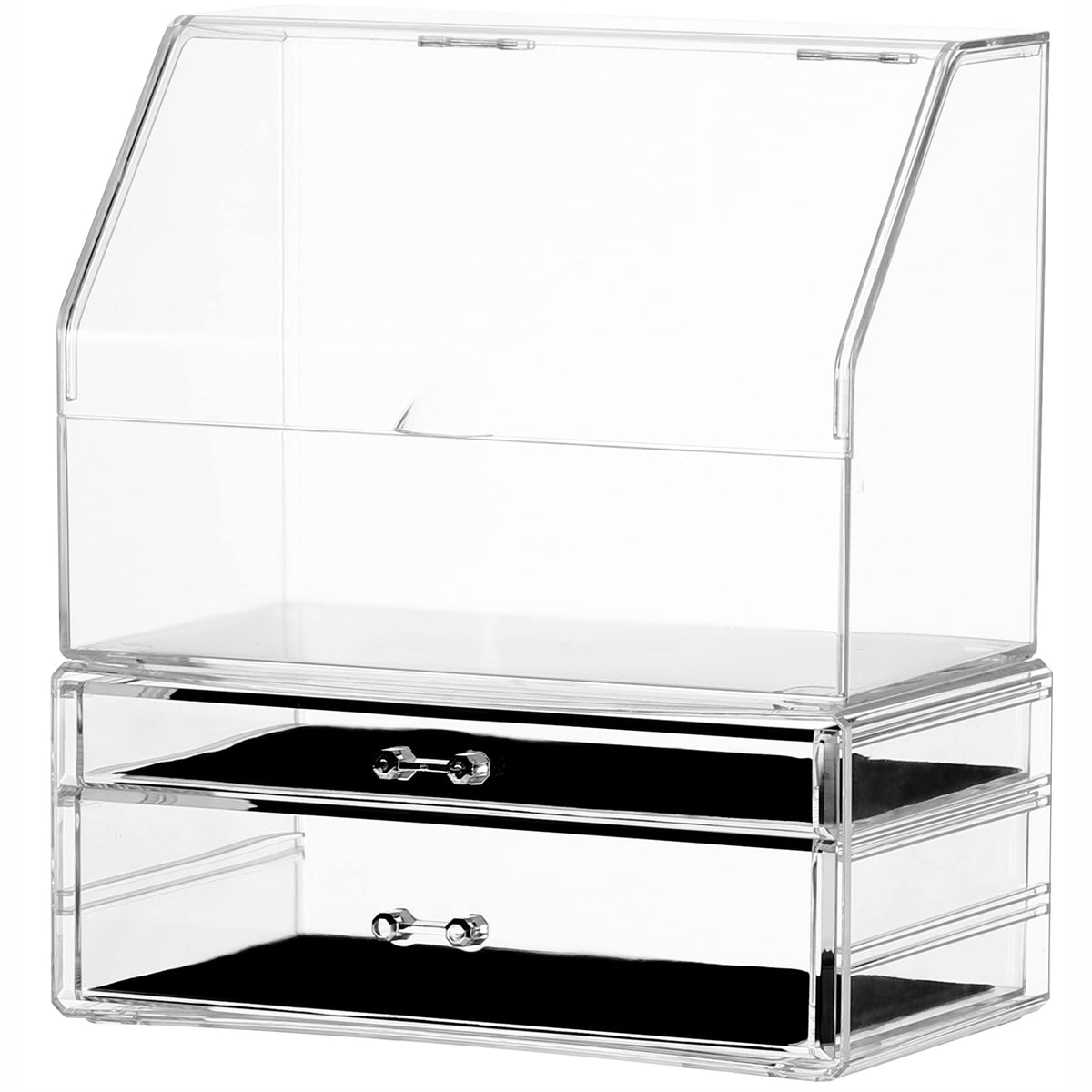 Cq Acrylic Makeup Storage Organizer With Lid & 2 Drawers - Clear Cosmetic Display Case Set Of 2