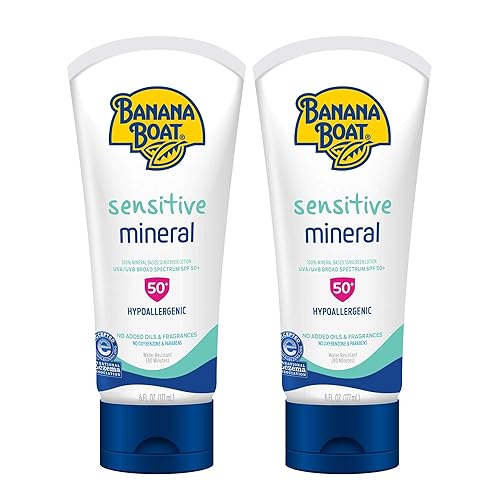 Banana Boat 100% Mineral Sunscreen Lotion Spf 50 Twin Pack - Sensitive Skin, Oxybenzone Free, 6Oz