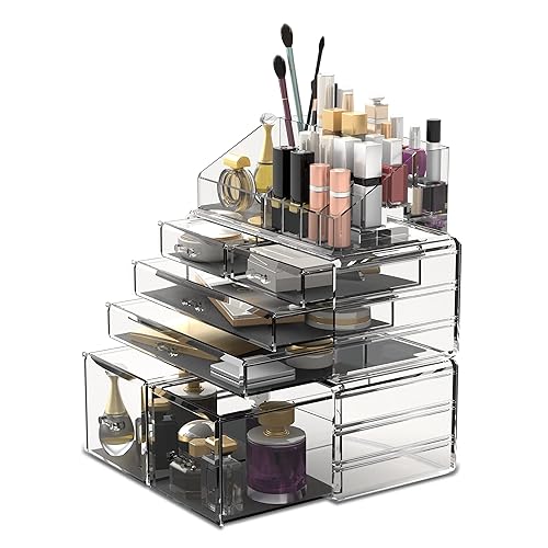 READAEER Clear Makeup Organizer - 3 Piece Cosmetic Storage Case with 6 Drawers