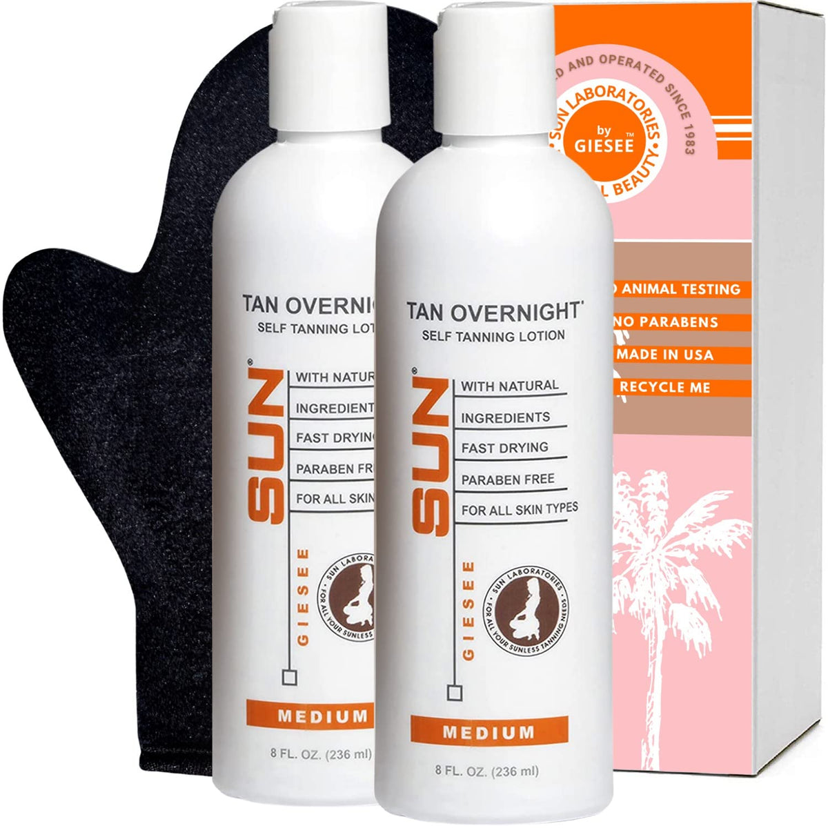 Sun Laboratories Tan Overnight Tanning Lotion 8 Oz - Organic, Waterproof, Travel Size, 2 Pack