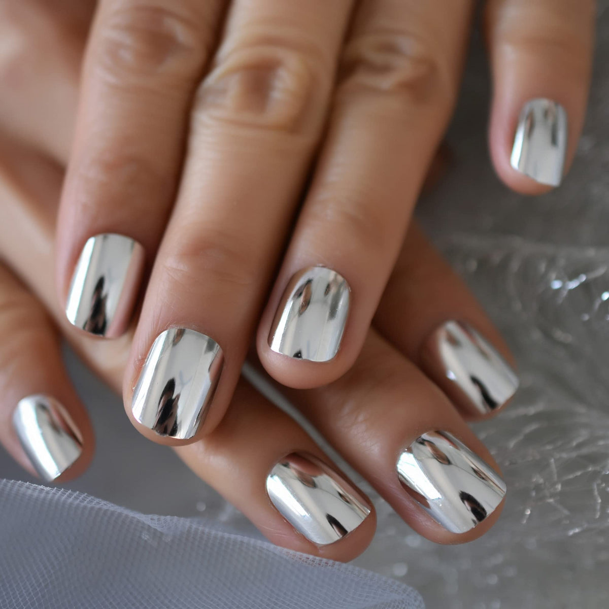 Coolnail 24pcs Metallic Silver Short Round Fake Nails - Full Cover Professional Adult Fingernails