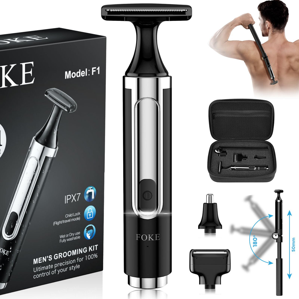 Foke Back Shaver For Men, 1.8&quot; T-Shaped Head, Rechargeable, Waterproof, Includes Travel Case, Black