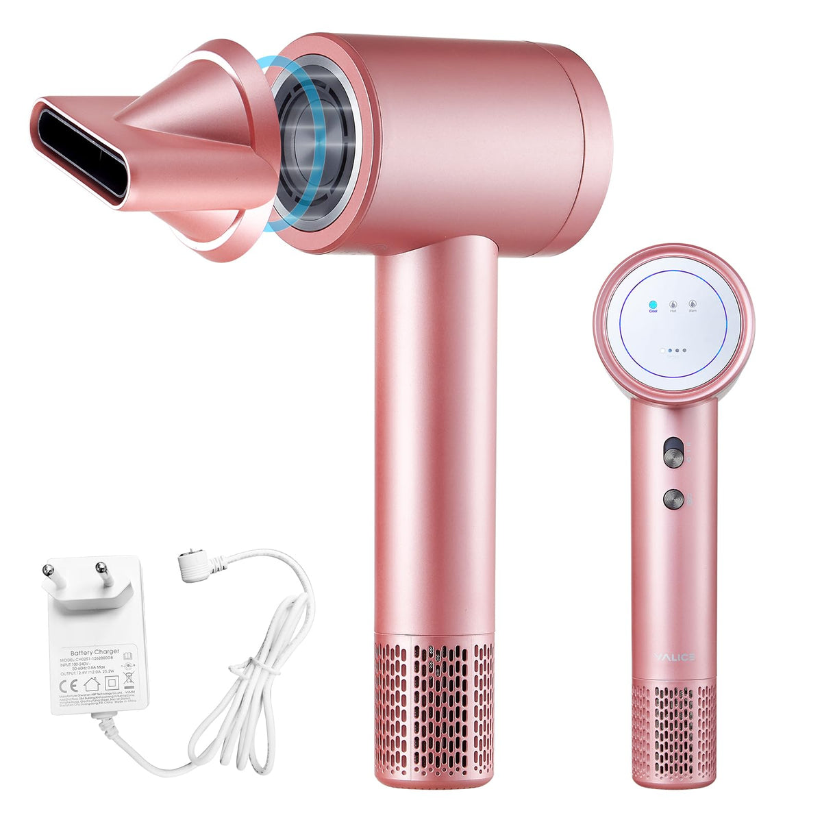 Yalice Cordless Ionic Hair Dryer, Digital Screen, 4 Modes, Magnetic Nozzle, Pink