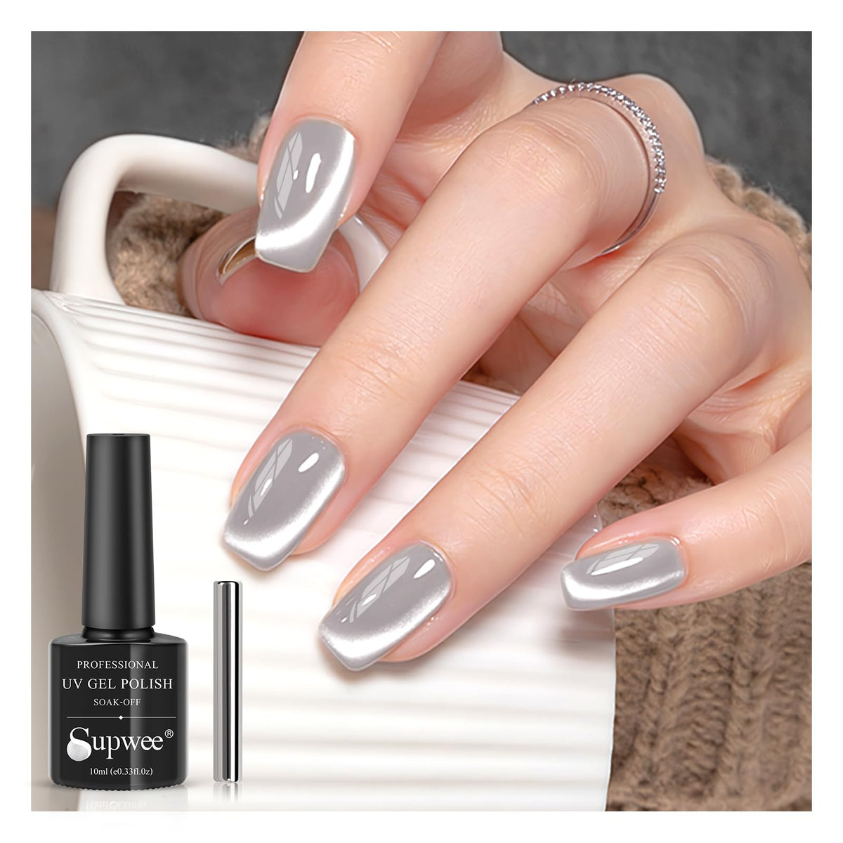 Supwee Magnetic Cat Eye Gel Nail Polish 10Ml - Gray Silk Soak Off For Home Diy Manicure