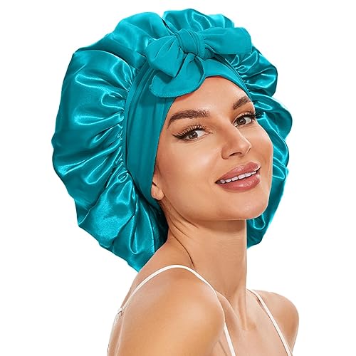 BE BIGEDDIE Satin Bonnet for Sleeping - Double Layer Large Hair Cap, Peacock Blue, Ideal for Curly Hair